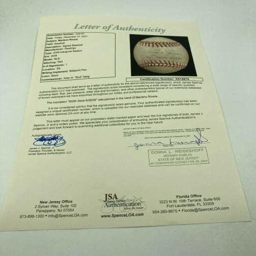Исторически 500-та Игра Мариано Ривера 6-28-09 С автограф на Използваната игри Baseball MEARS & JSA - MLB С автограф на Използваните бейзболни топки