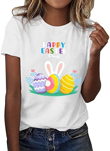 Дамски Летни Върховете На Великден Happy Bunny Rabbit Графична Тениска С Къс Ръкав Ежедневни Свободна Памучен Смес Пуловер