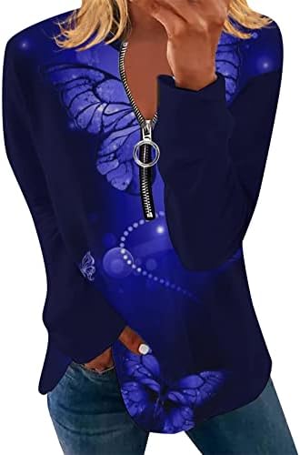 Дамски Пуловер с цип с V Образно деколте и Дълъг Ръкав, Потници, Модерни Ежедневни Блузи с 3D Принтом Пеперуди,