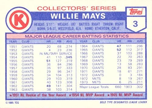 1985 Бейзболна картичка Topps Circle K All Time Home Run Kings 3 Willey Мэйса