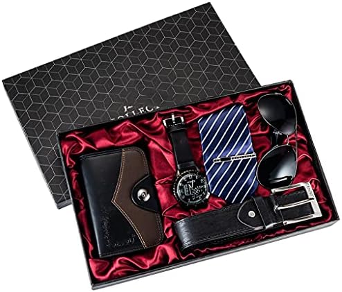 Комплект мъжки часовници N/A, подарък кутия, красиво опакован модерни кварцови часовници, слънчеви очила, кожени колана, чантата, вратовръзка, подаръци за мъже