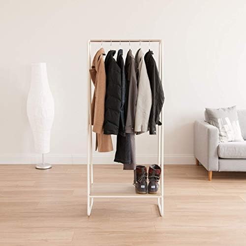 Метална закачалка за дрехи IRIS с дървени рафта, Бяла и светло кафяво с метална закачалка за дрехи IRIS с дървени