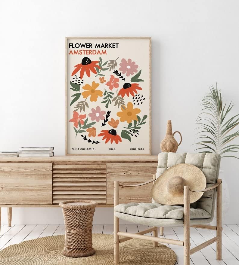 Стенен интериор в стил Хесендот с ботаническата модел, Комплект от 3 теми с принтом цветния пазар, Стенен декор