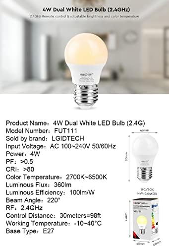 Двойна бяла led лампа LGIDTECH FUT111 Miboxer мощност 4 W, регулируема цветна температура WW + CW CCT.Съвместимост