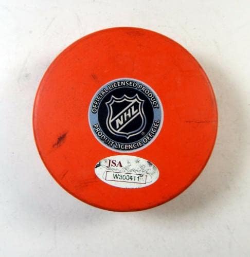 Сергей Бобровский 50 Подписва Филаделфия Флайърс NHL Оранжевия Хокей шайба Auto JSA 8 - за Миене на НХЛ с автограф
