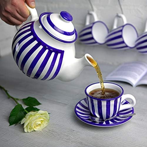 Колекция от керамични Чайници, ръчна изработка на тъмно-Синята ивица, Голяма кана обем 1,7 л /60 мл / 4-6 Чаши,