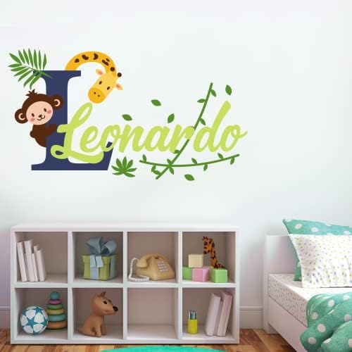 Потребителско име и Инициали на Жирафа, Маймуната и клона - Момче - Стикер на стената в детската стая и за декорация