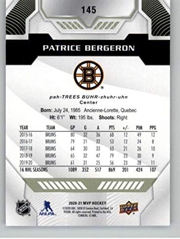 За MVP на горната палуба 2020-21 145 Патрис Бержерон Бостън Бруинс Хокейна карта НХЛ NM-MT