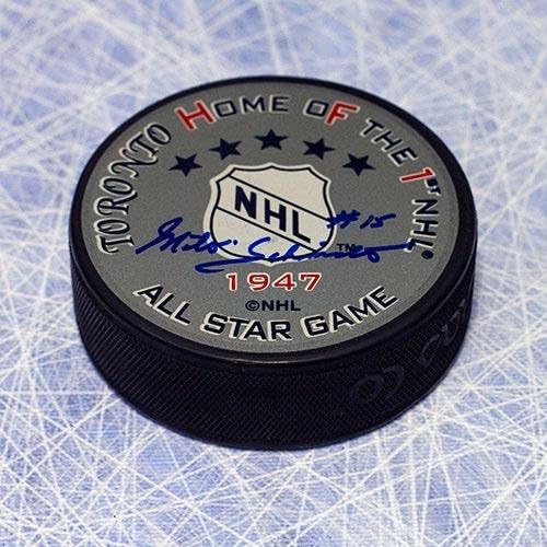 Милт Шмид 1947 Година Първа хокейна шайба в мача на звездите с автографи от Всички звезди - за Миене на НХЛ