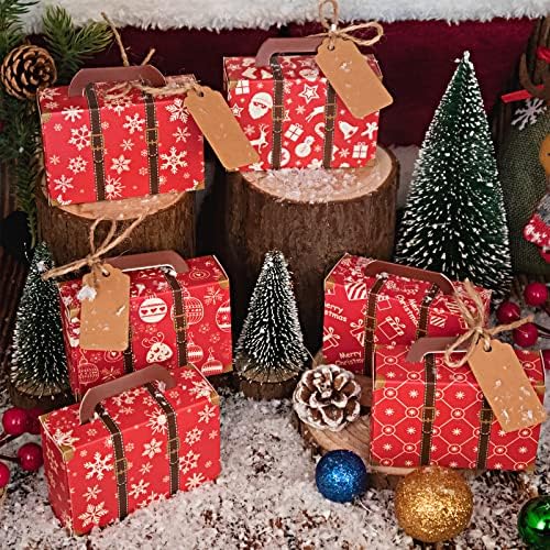 QVMKWL Коледен Червено Мини Куфар, Кутия за подаръци, 50 бр. Кутии от крафт-хартия за бонбони, с бирками и с