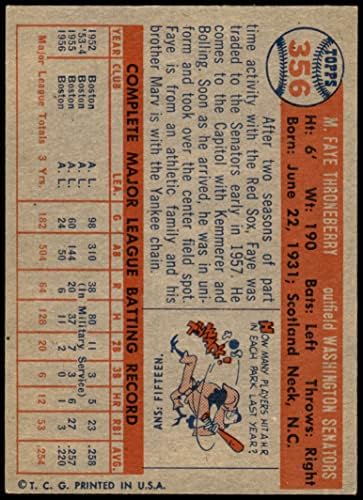 1957 Topps 356 Фей Тронберри Вашингтон Сенатърс (Бейзболна картичка) БИВШИ сенатори