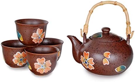 Колекция Hinomaru Японската Сакура Дизайн Черешов цвят Керамичен Чайник обем 24 течни унции и 4 Чаши Чай Набор