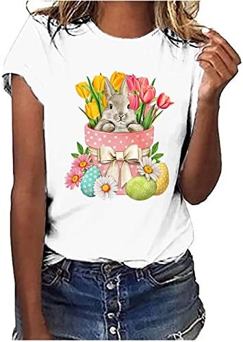 Бъни Eggs Тениска със заек, Тениска Честит Великден, Дамска Блуза, С Къс ръкав, Ризи с кръгло деколте, Свободни
