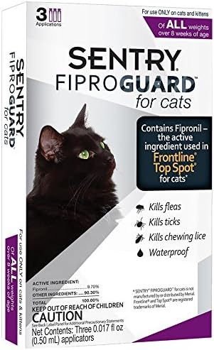 SENTRY Fiproguard за котки, предпазване от бълхи и кърлежи за котки (с тегло 1,5 килограма и повече години), включва в себе си 3-месечен курс на локално лечение на бълхи.