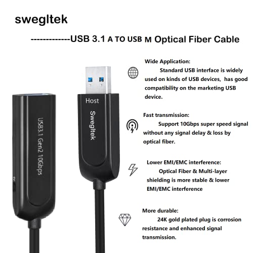 USB 3.1 Мъжки Женски Удлинительный кабел Оптичен 10 Gbit/s 10 M е Съвместим с Windows, Mac OS, Linux, Индустриална