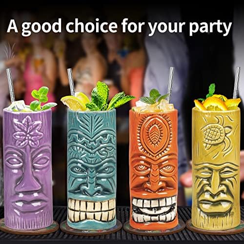 SuproBarware Tiki Mugs Комплект от 4 Керамични Хавайски Steins за Партита, Големи Съдове за напитки, Тики-Бар