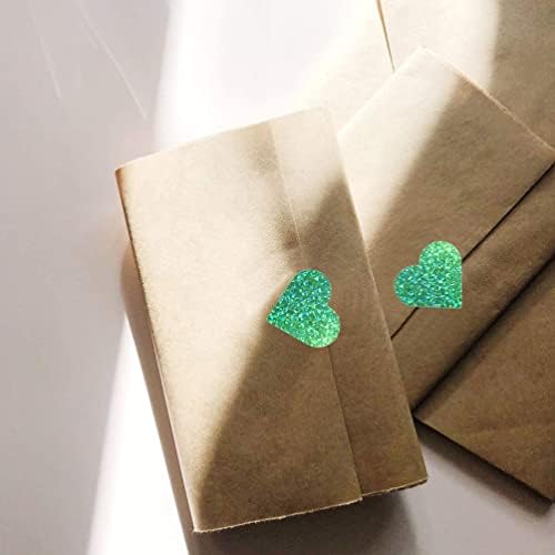 ABOOFAN Блестящи Стикери със Зелен Сърце, Опаковъчна хартия, Етикети на Ролка, Декоративни Етикети с Любов,